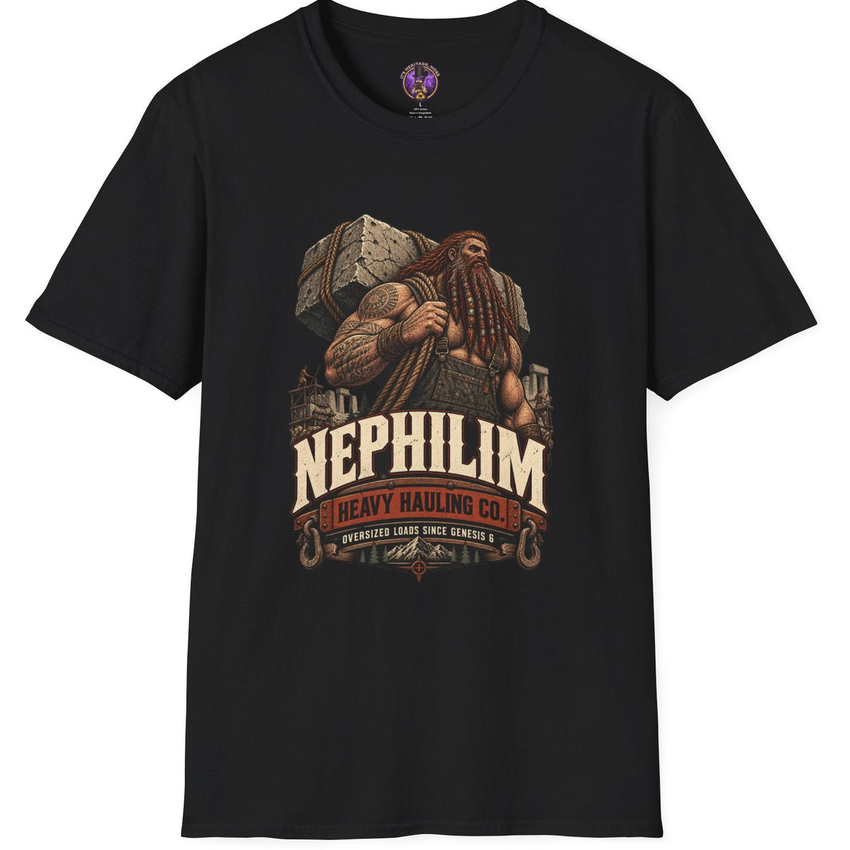 Nephilim Heavy Hauling Co graphic with a massive Genesis 6 giant carrying an enormous stone block at an ancient construction site