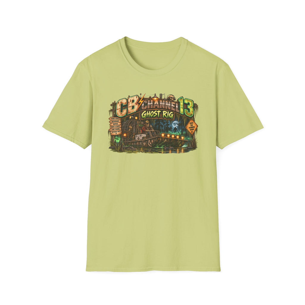CB Channel 13 Ghost Rig graphic with spectral trucking scene on a T-shirt