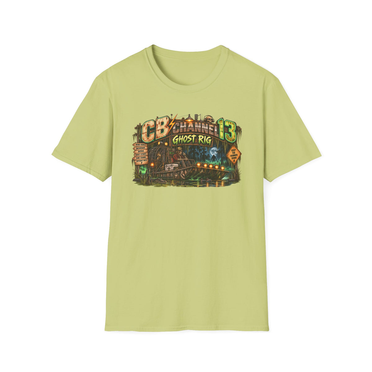 CB Channel 13 Ghost Rig graphic with spectral trucking scene on a T-shirt