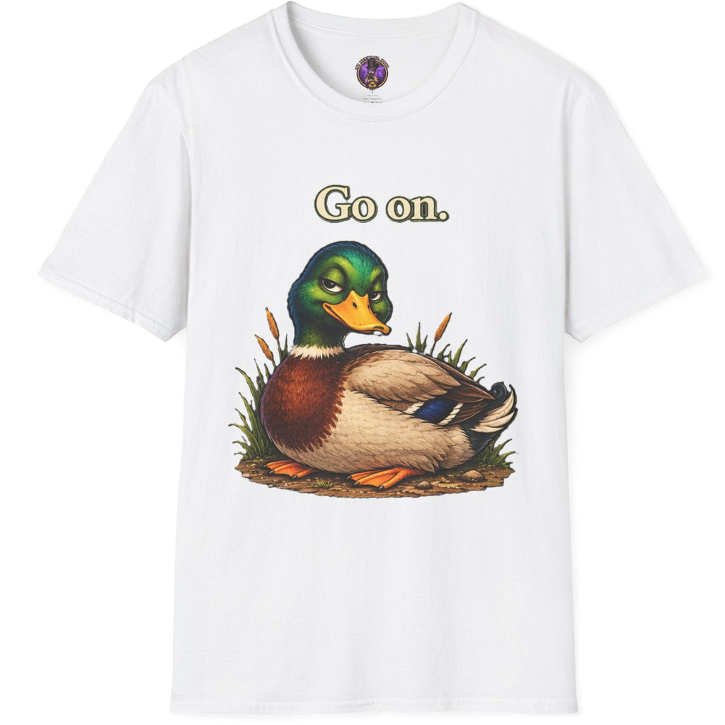 Detailed mallard duck illustration with Go On lettering on a graphic T-shirt