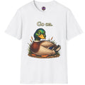 Detailed mallard duck illustration with Go On lettering on a graphic T-shirt