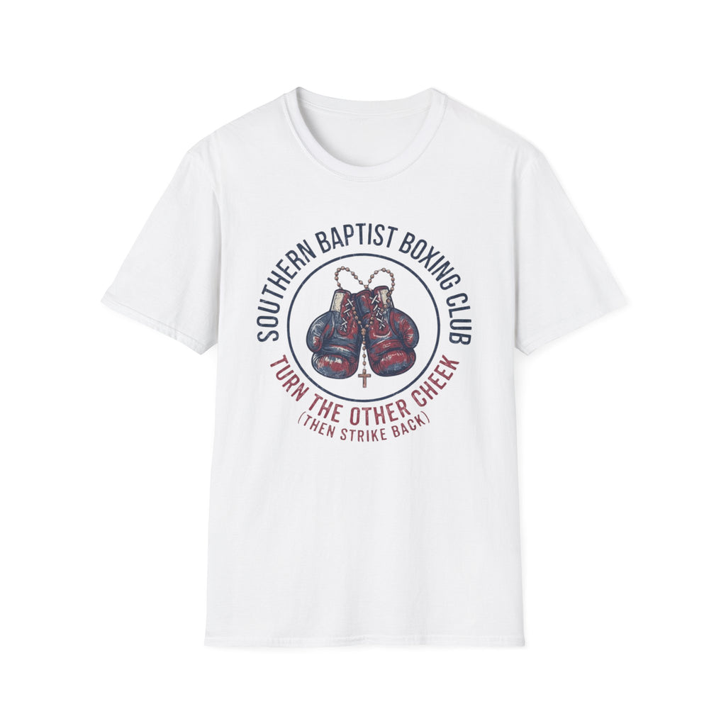 Southern Baptist Boxing Club T-Shirt front view: Old boxing gloves, beads, and a cross sit inside a retro athletic seal.