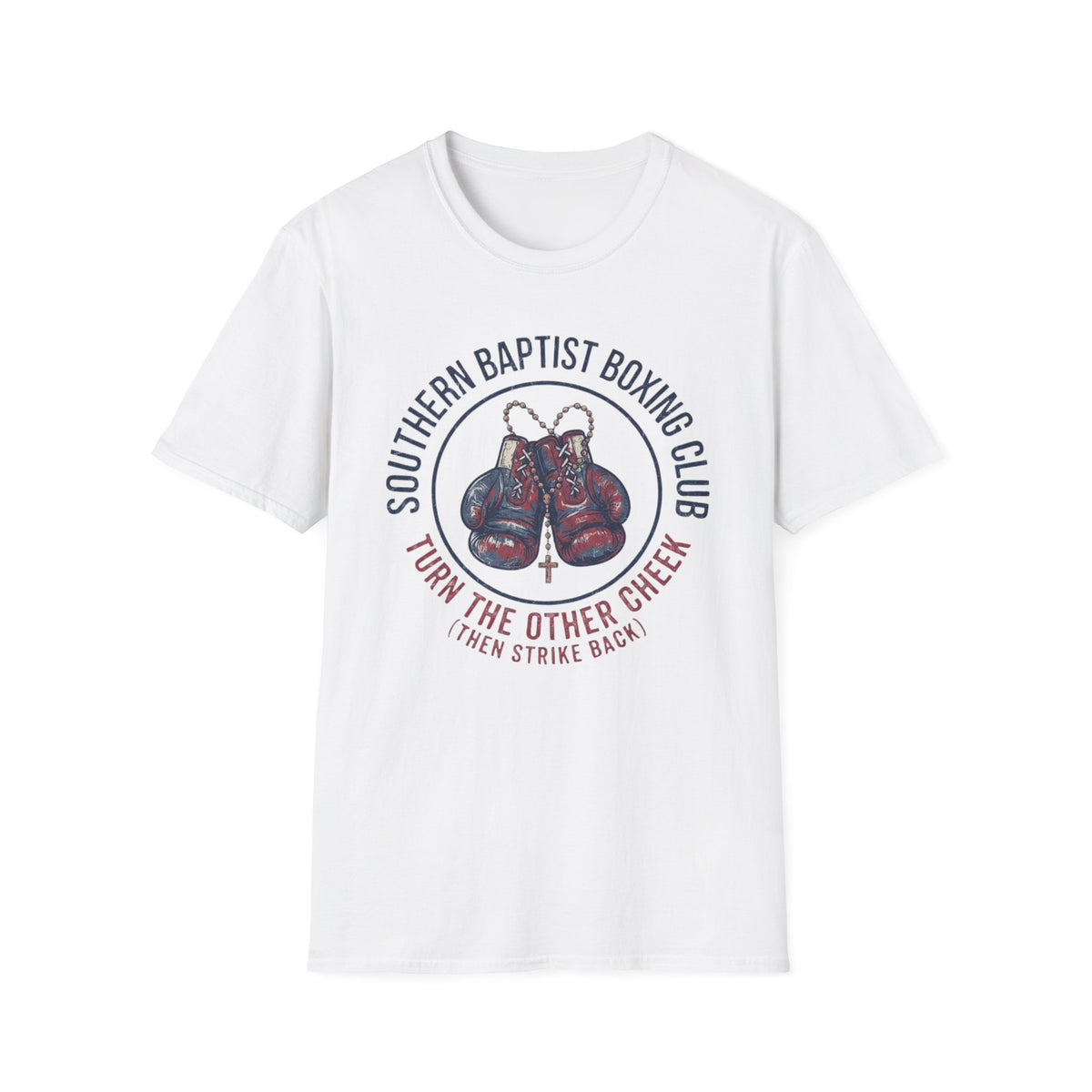 Southern Baptist Boxing Club T-Shirt front view: Old boxing gloves, beads, and a cross sit inside a retro athletic seal.