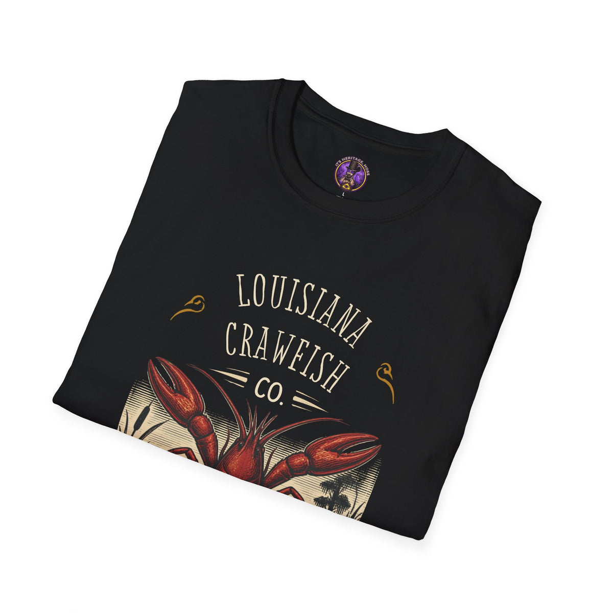 Folded Louisiana Crawfish Co Fresh From the Bayou, showing the front graphic.