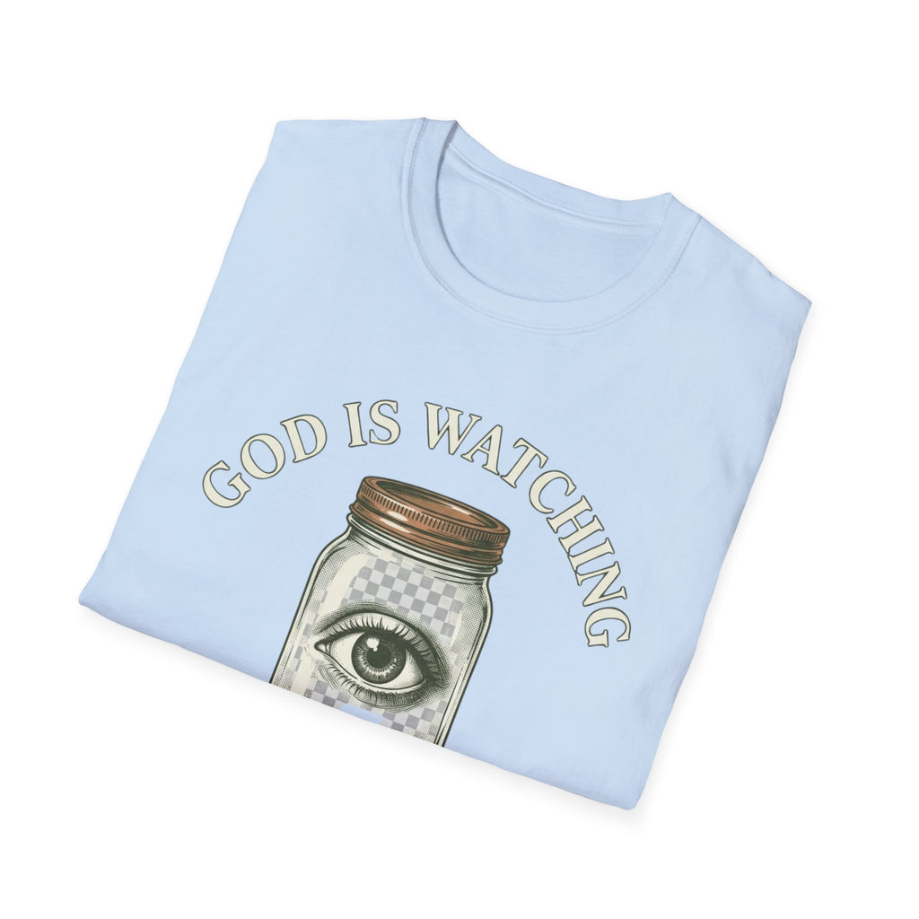 Folded God Is Watching T-Shirt showing its front graphic.
