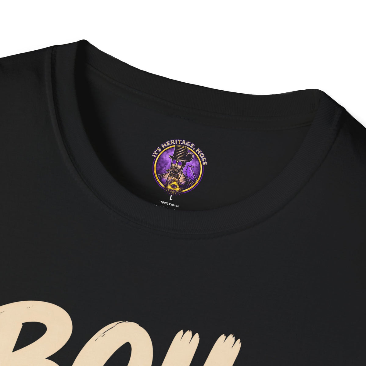 Crew-neck detail of the Boil Dat Mud Bug Cajun Crawfish shirt.