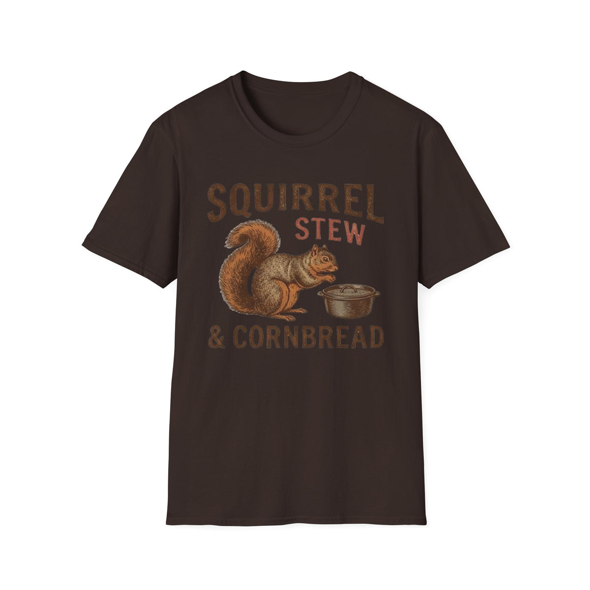 Front view of the Squirrel Stew & Cornbread shirt.