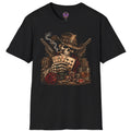 Skeleton cowboy holding aces and eights Dead Man's Hand cards with poker chips and revolvers