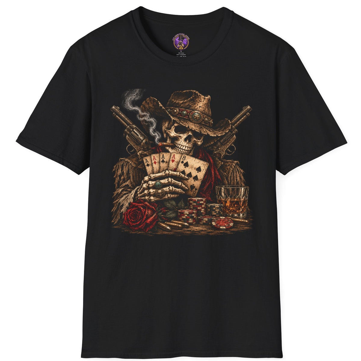 Skeleton cowboy holding aces and eights Dead Man's Hand cards with poker chips and revolvers