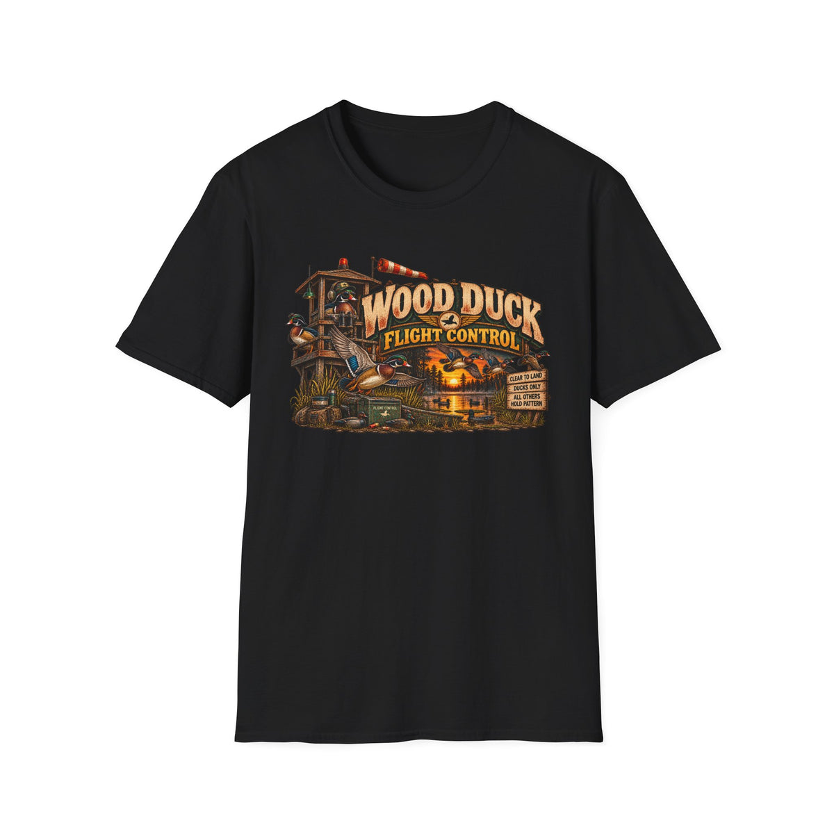 Wood Duck Flight Control graphic with duck and woodland artwork on a T-shirt