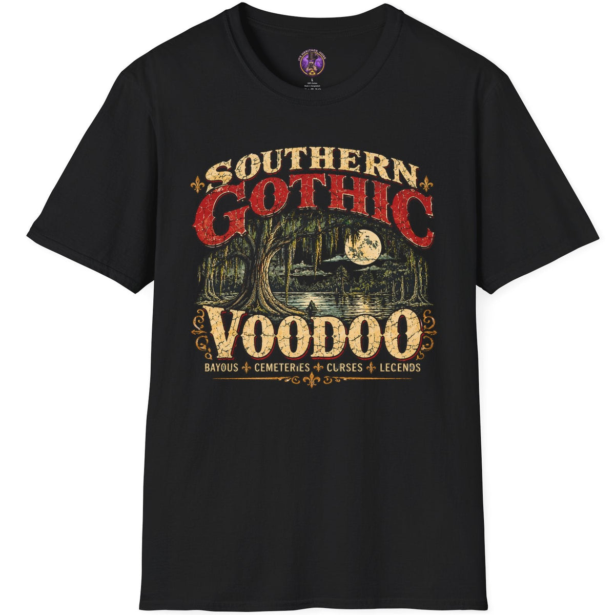 Moonlit swamp scene with vintage Southern Gothic Voodoo lettering on a graphic T-shirt