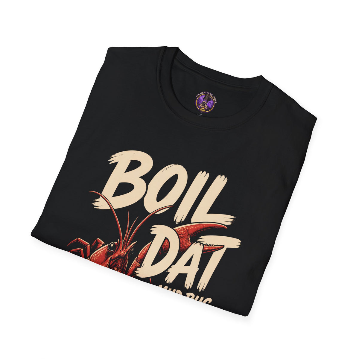 Folded Boil Dat Mud Bug Cajun Crawfish shirt, showing the front graphic.