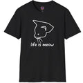 Minimal cat sketch with hand-lettered Life Is Meow phrase on a graphic T-shirt