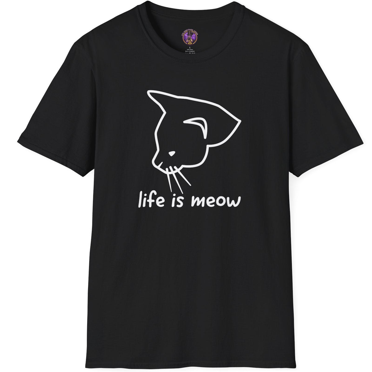 Minimal cat sketch with hand-lettered Life Is Meow phrase on a graphic T-shirt