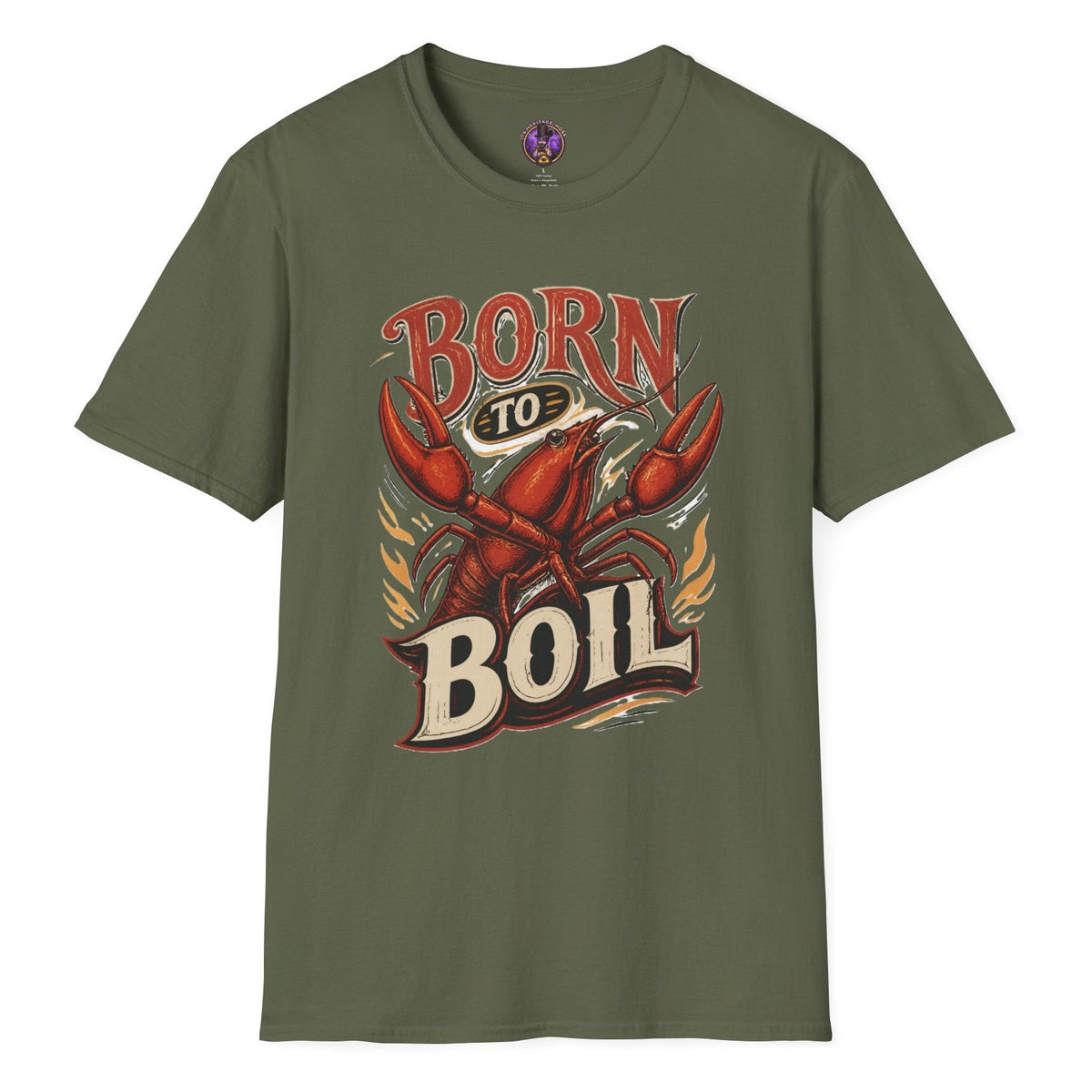 Born to Boil retro crawfish T-shirt graphic with large red crawfish, bold vintage lettering and flame accents