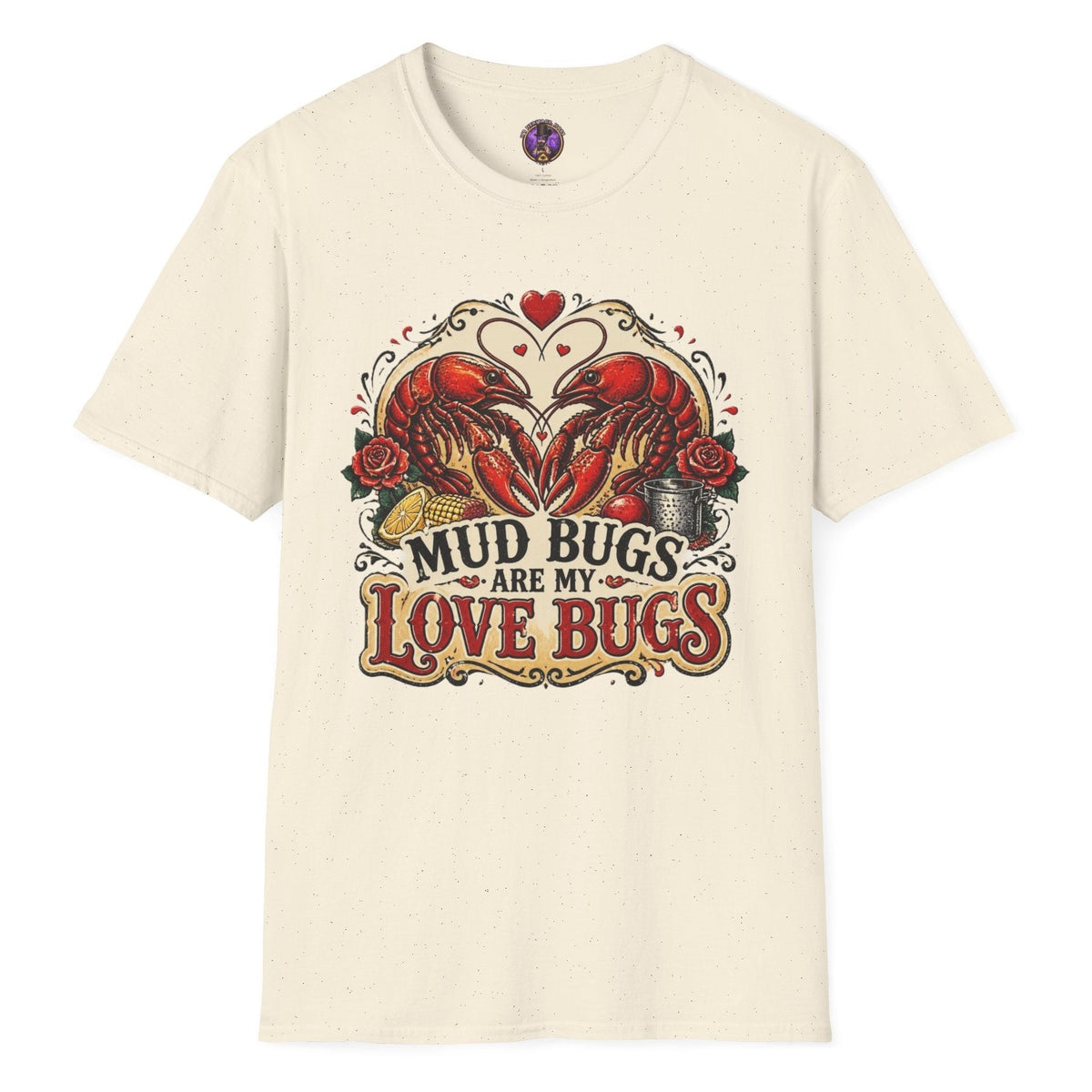 Mud Bugs Are My Love Bugs crawfish T-shirt graphic with two red crawfish forming a heart surrounded by roses and vintage Cajun artwork
