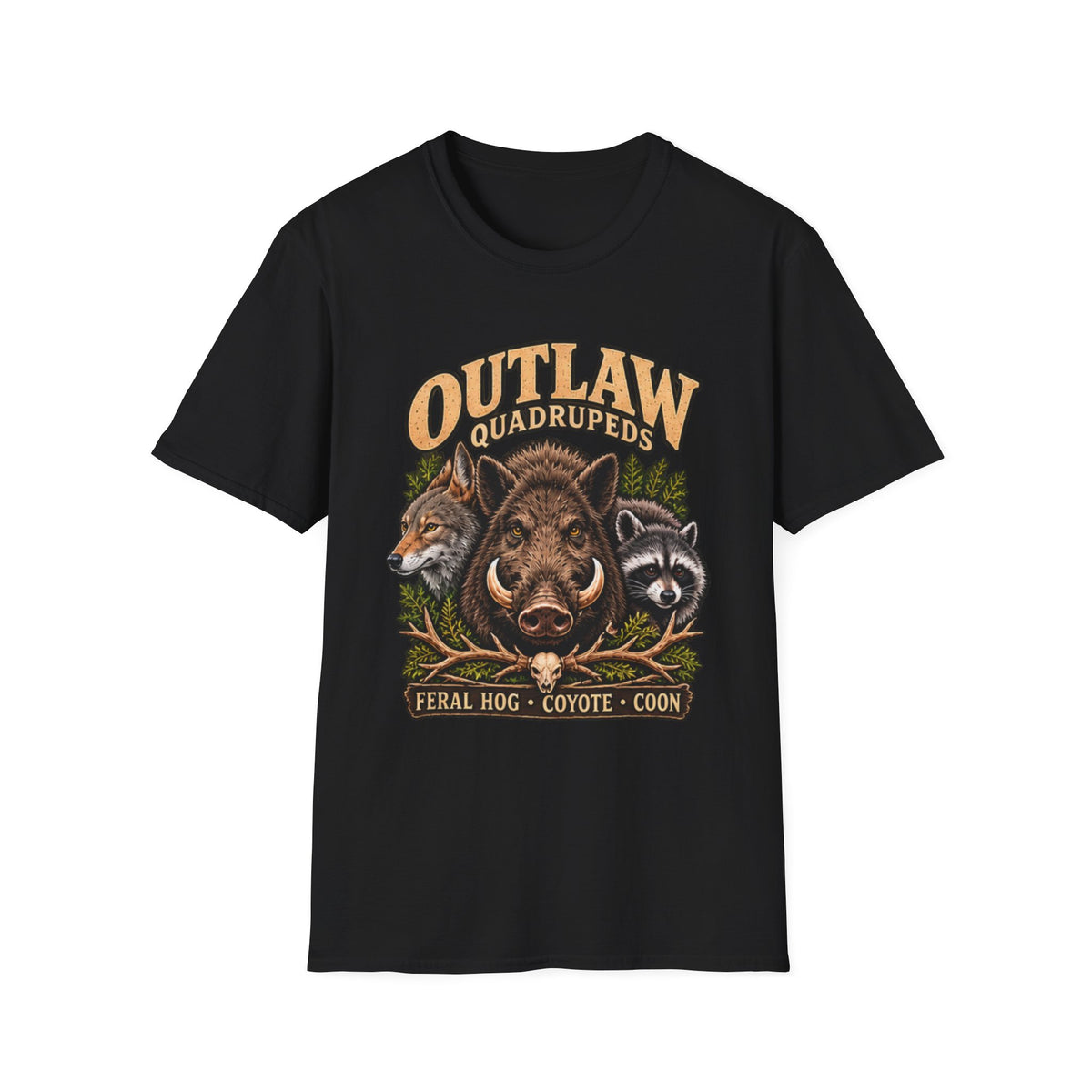 Outlaw Quadrupeds wildlife T-shirt featuring feral hog, coyote and raccoon artwork — product view 2