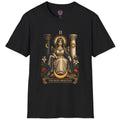 High Priestess seated between pillars with celestial and floral tarot symbols