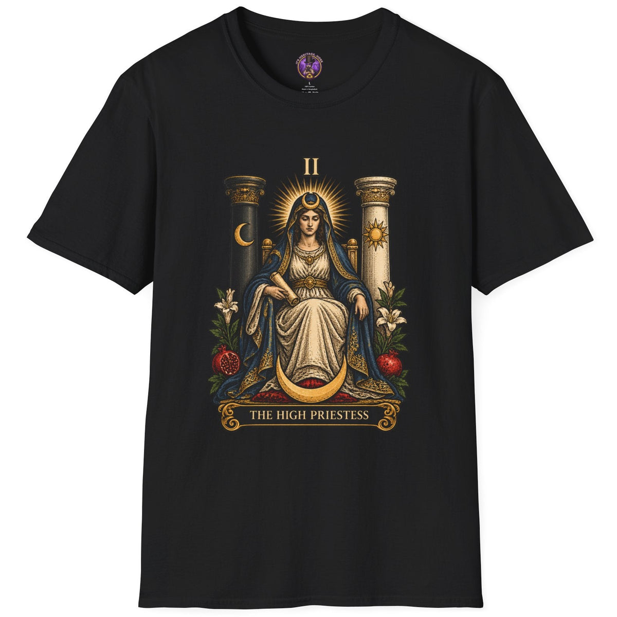 High Priestess seated between pillars with celestial and floral tarot symbols