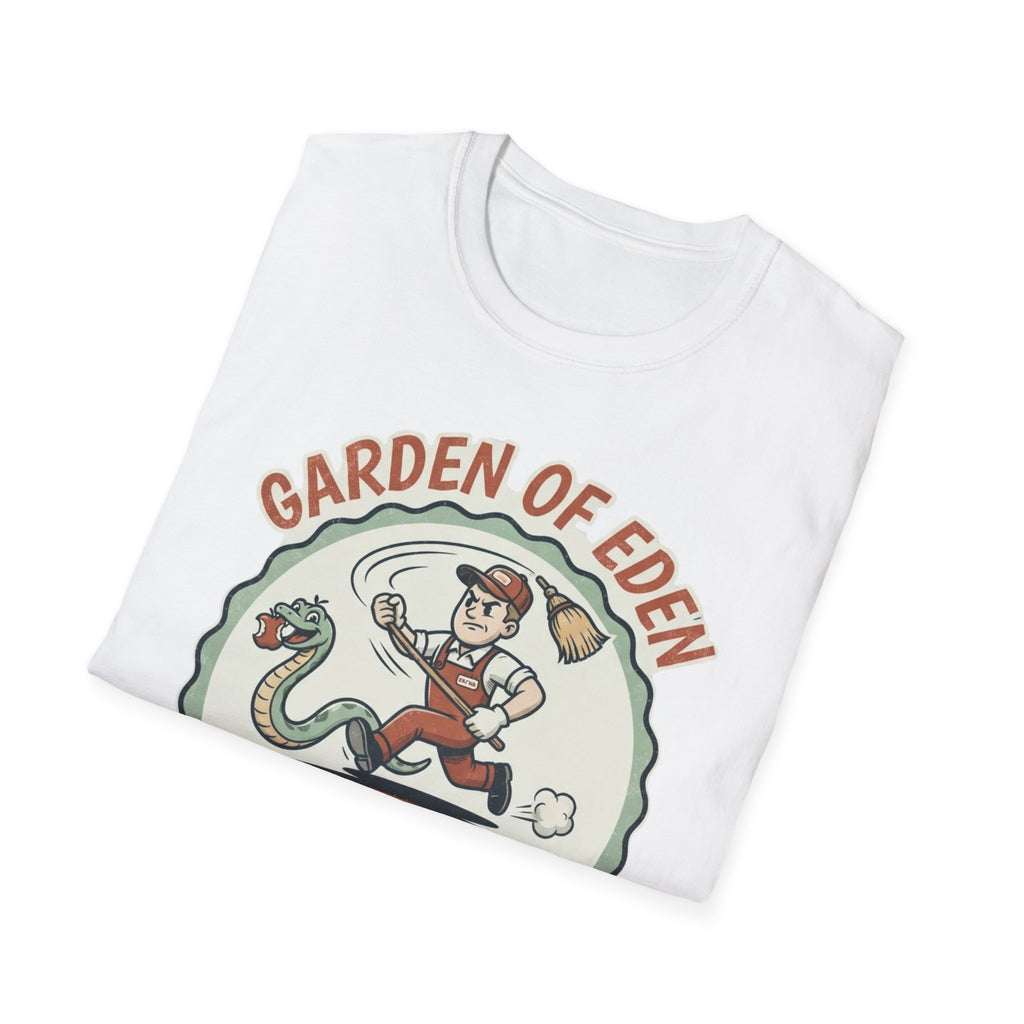 Folded Garden of Eden Pest Control T-Shirt showing its front graphic.