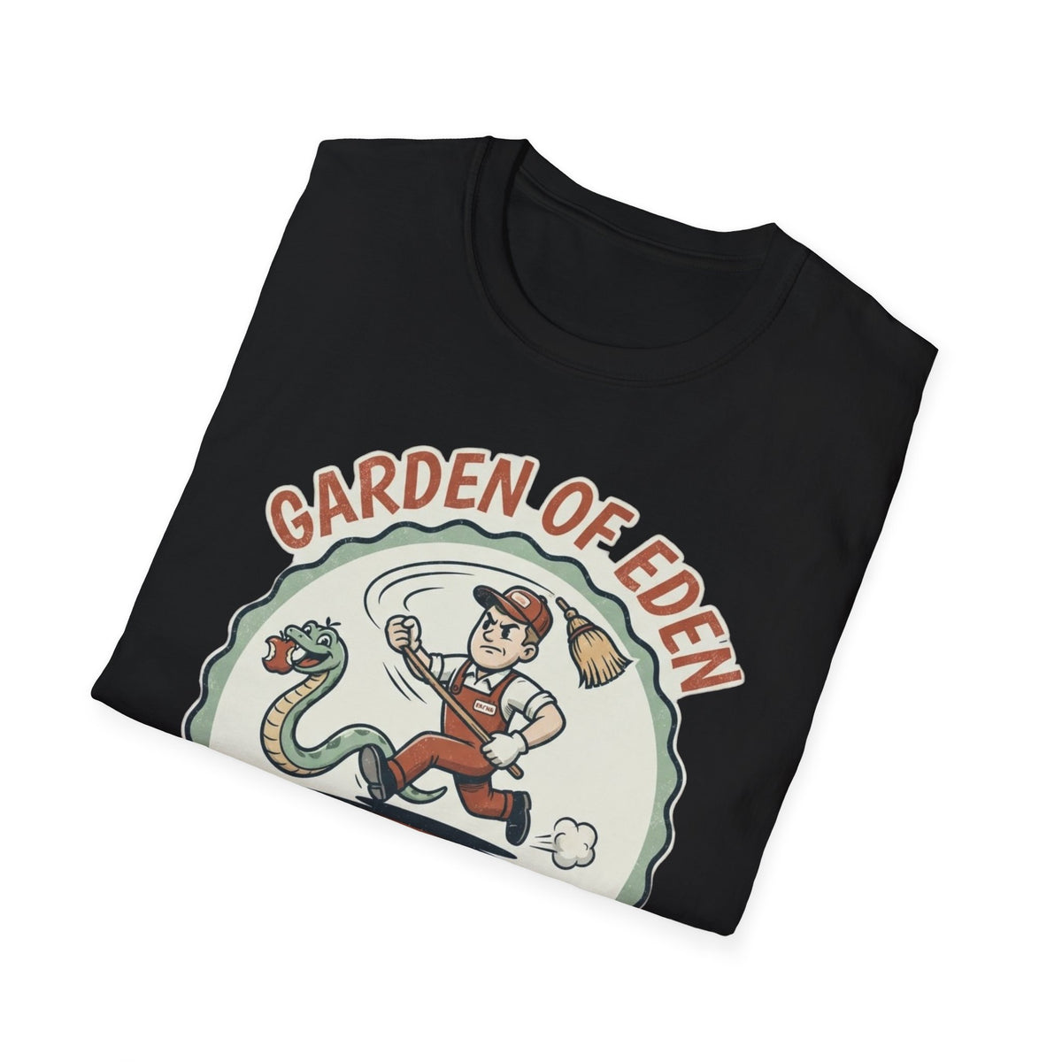 Folded Garden of Eden Pest Control T-Shirt showing its front graphic.
