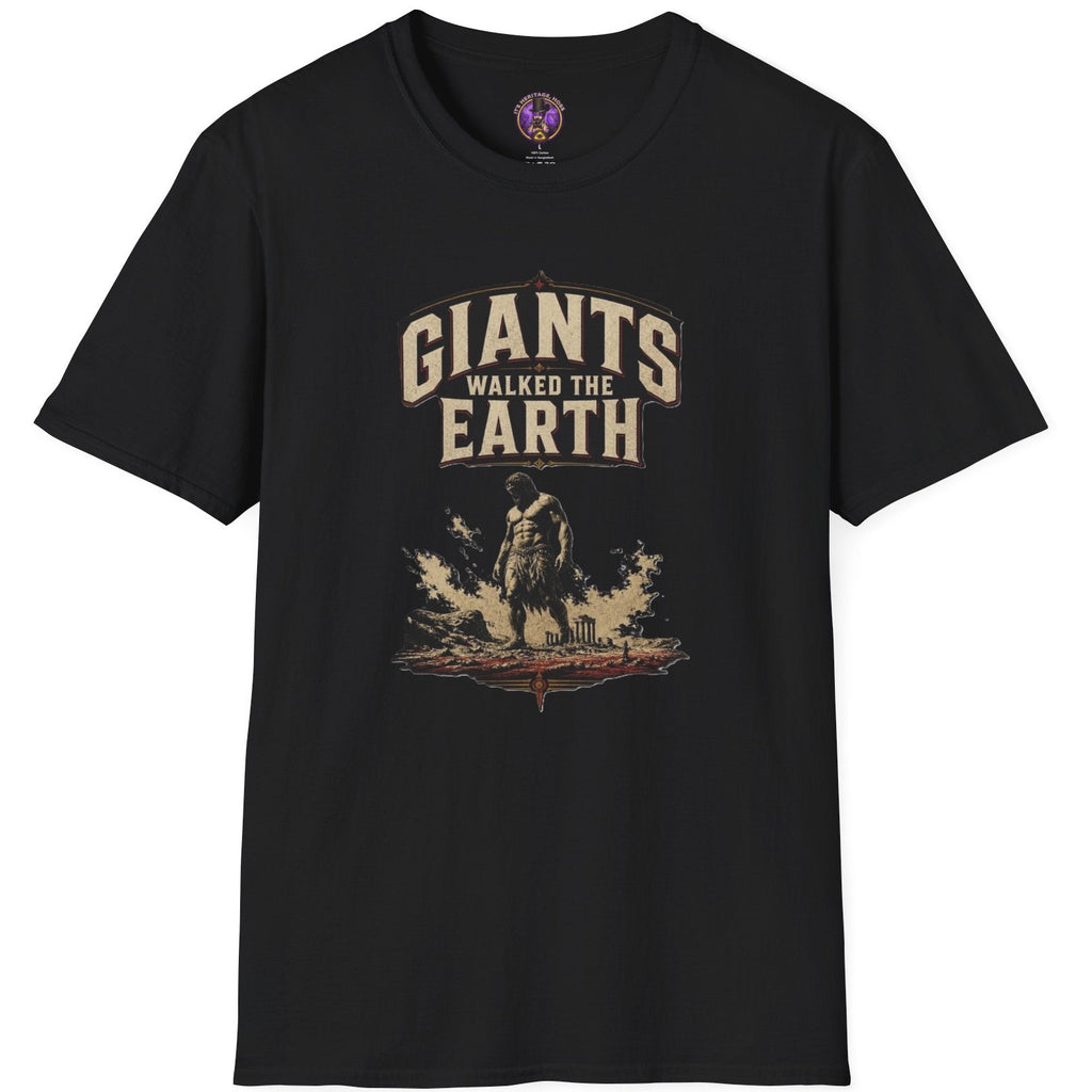 Giants Walked the Earth biblical Nephilim graphic with ancient giant standing among ruins in a distressed vintage style