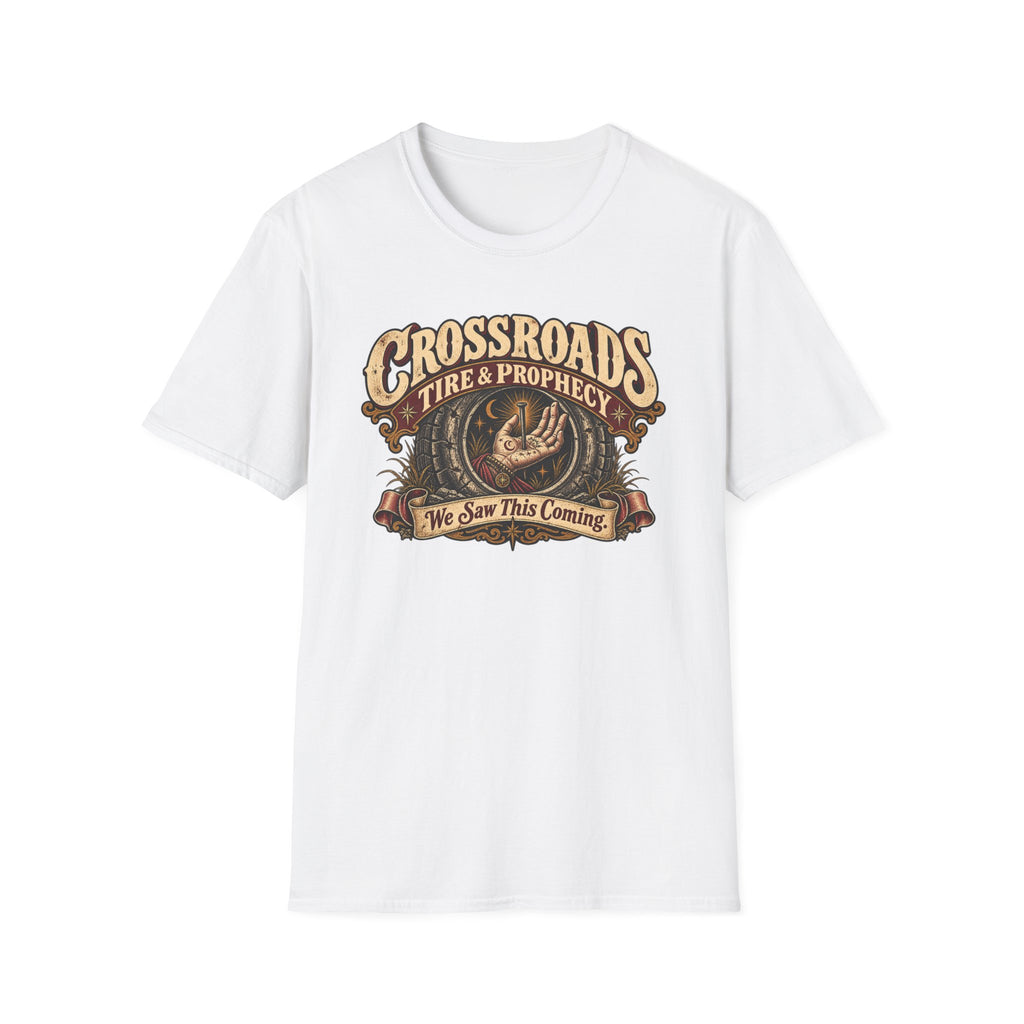 Crossroads Tire and Prophecy graphic with tire-shop artwork on a T-shirt