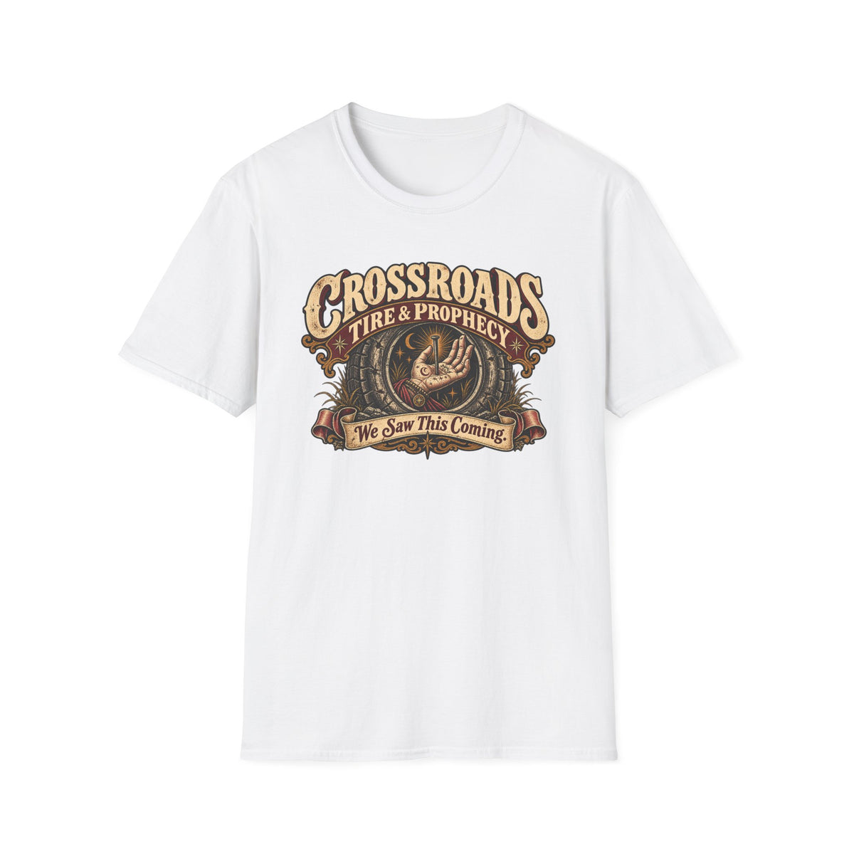 Crossroads Tire and Prophecy graphic with tire-shop artwork on a T-shirt