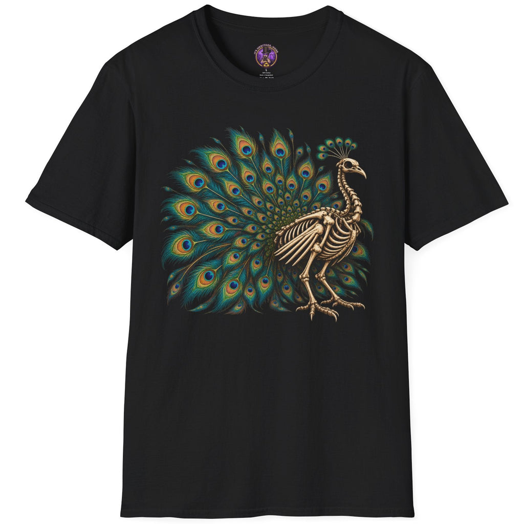 Skeletal peacock displaying vibrant blue green turquoise and gold tail feathers in detailed gothic artwork