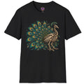 Skeletal peacock displaying vibrant blue green turquoise and gold tail feathers in detailed gothic artwork