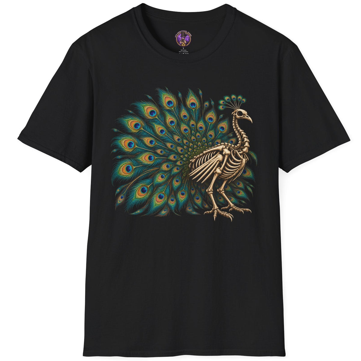 Skeletal peacock displaying vibrant blue green turquoise and gold tail feathers in detailed gothic artwork