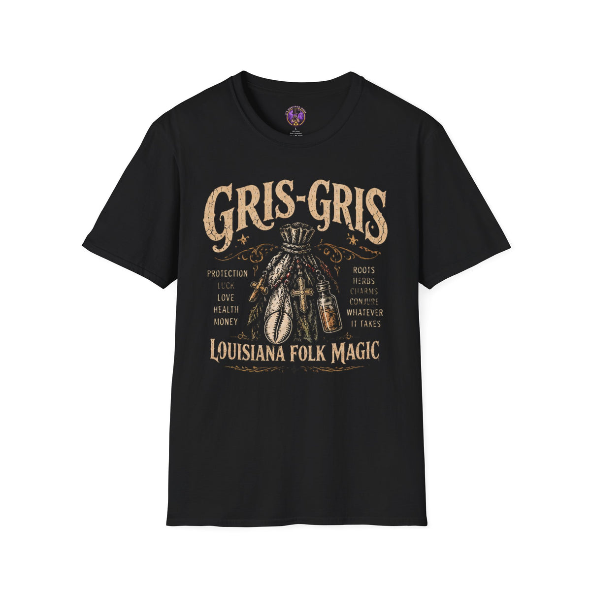Front view of the Gris-Gris Louisiana Folk Magic shirt.