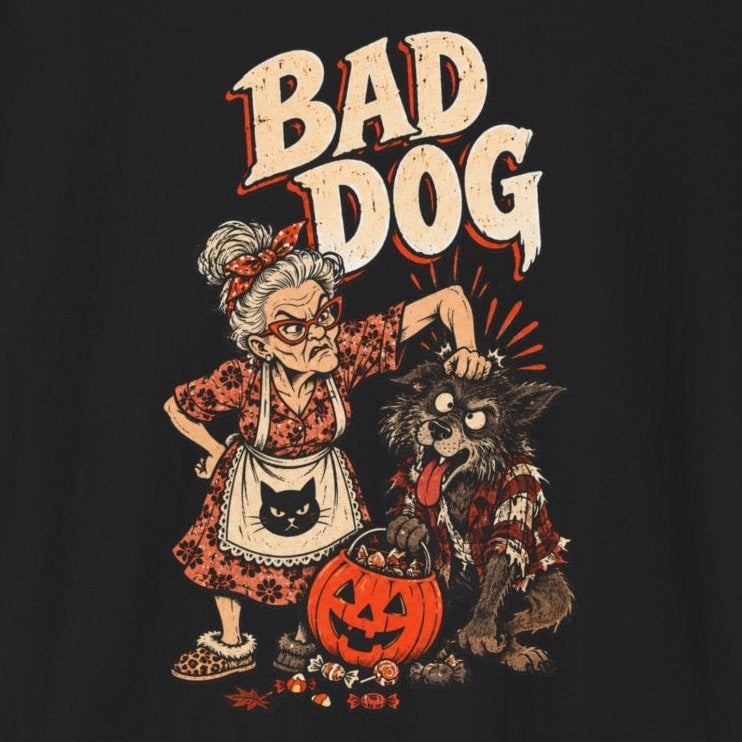 Bad Dog Halloween witch and dog graphic T-shirt
