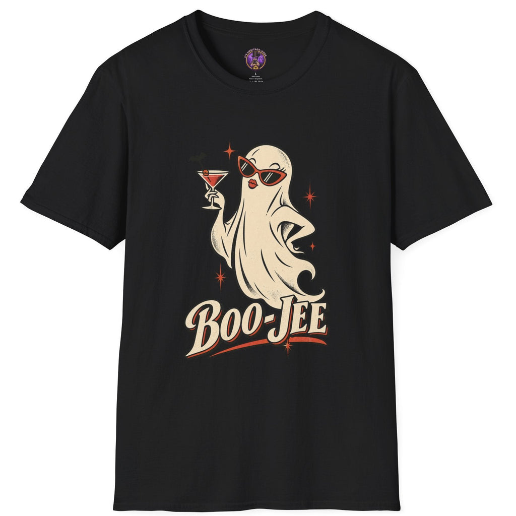 Boo-Jee bougie ghost Halloween graphic t-shirt with sunglasses lipstick and cocktail