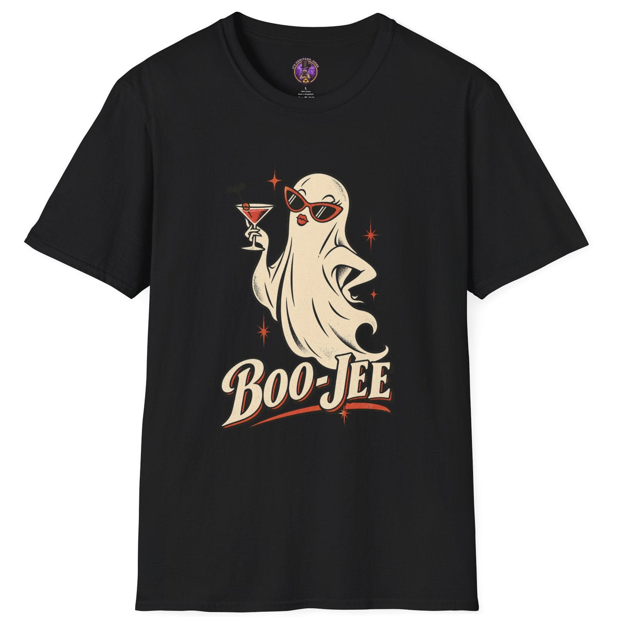 Boo-Jee bougie ghost Halloween graphic t-shirt with sunglasses lipstick and cocktail