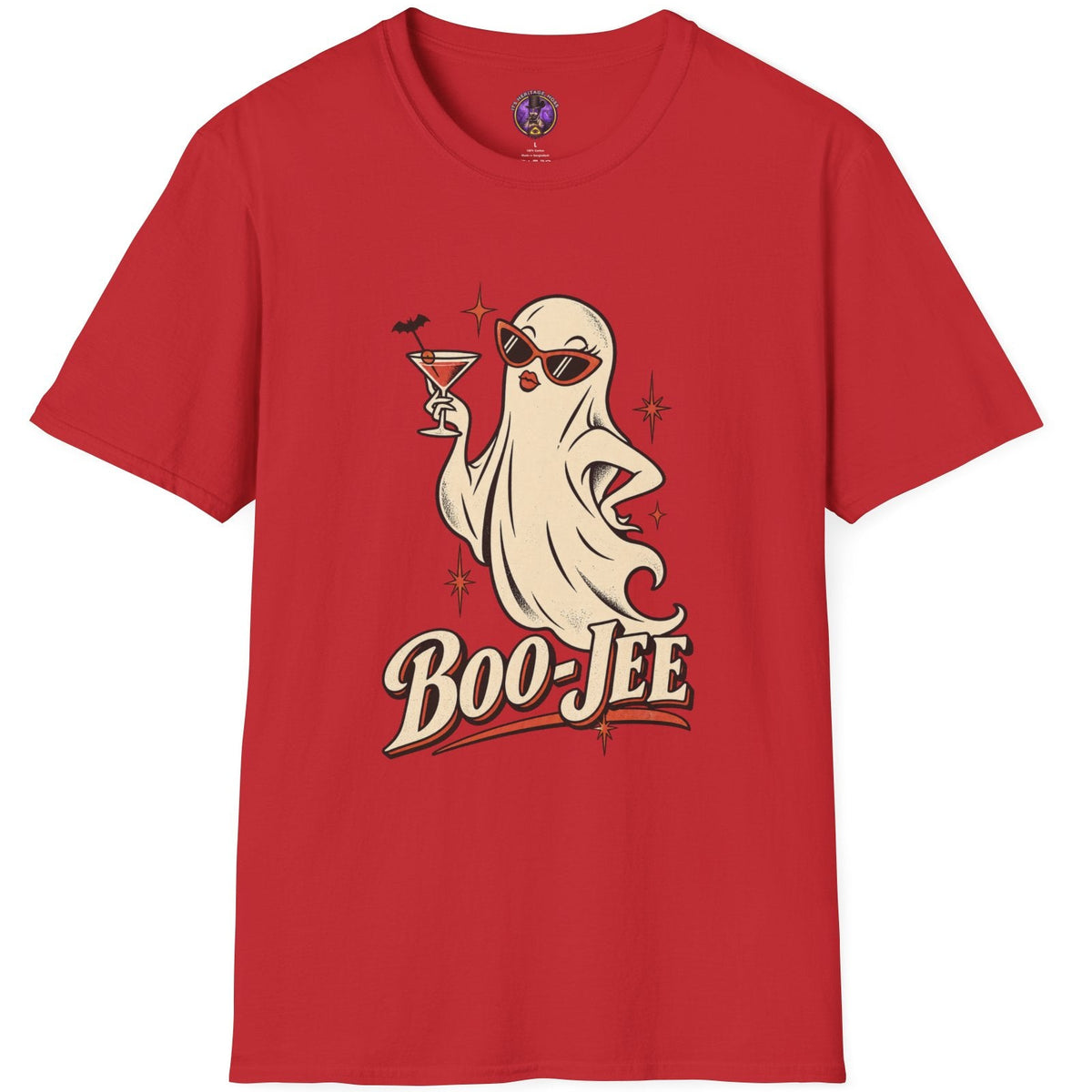 Boo-Jee bougie ghost Halloween graphic t-shirt with sunglasses lipstick and cocktail