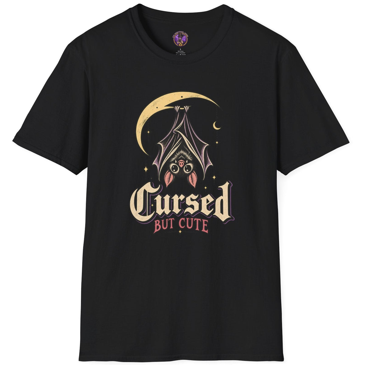 Cursed But Cute bat graphic t-shirt with upside-down bat hanging beneath crescent moon