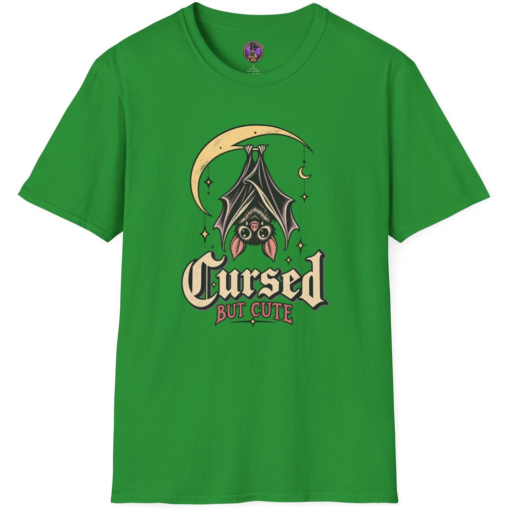Cursed But Cute bat graphic t-shirt with upside-down bat hanging beneath crescent moon