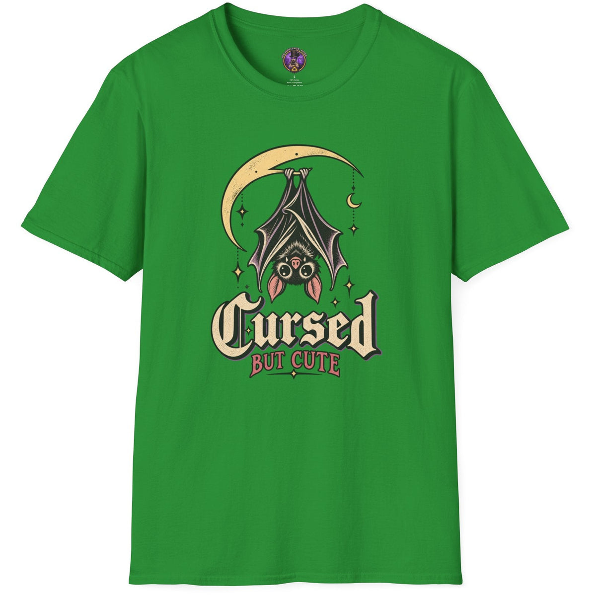 Cursed But Cute bat graphic t-shirt with upside-down bat hanging beneath crescent moon
