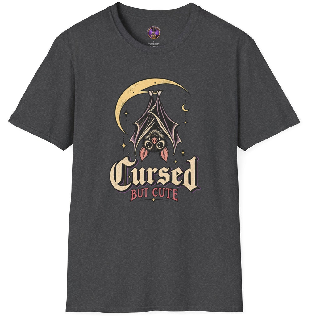 Cursed But Cute bat graphic t-shirt with upside-down bat hanging beneath crescent moon