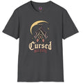 Cursed But Cute bat graphic t-shirt with upside-down bat hanging beneath crescent moon