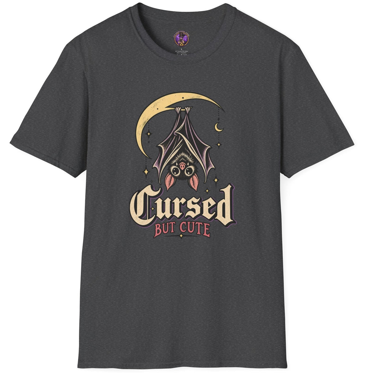 Cursed But Cute bat graphic t-shirt with upside-down bat hanging beneath crescent moon
