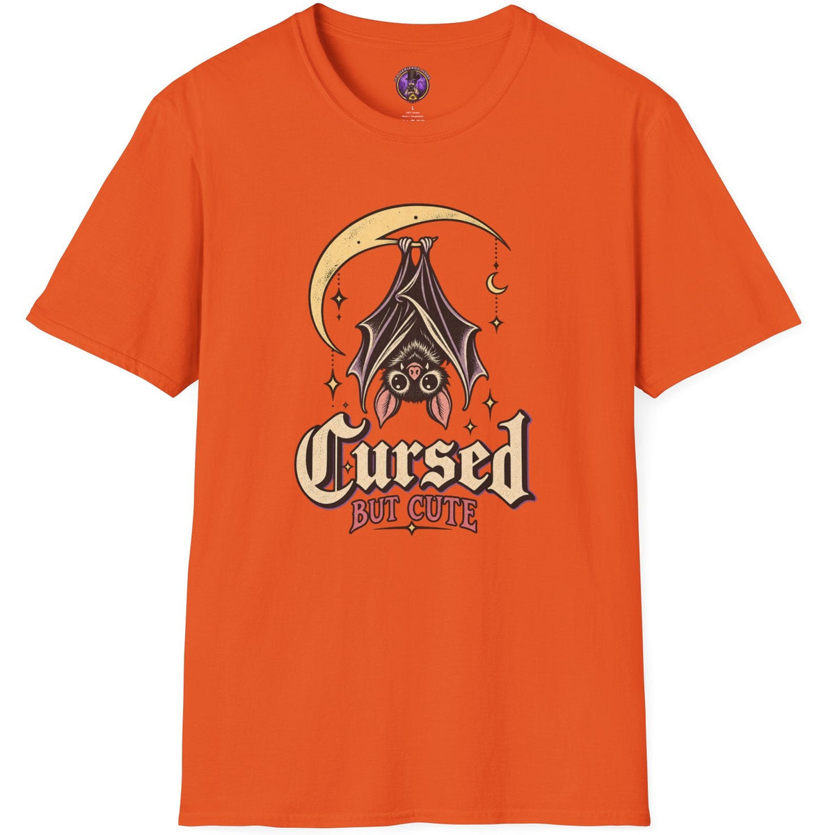 Cursed But Cute bat graphic t-shirt with upside-down bat hanging beneath crescent moon