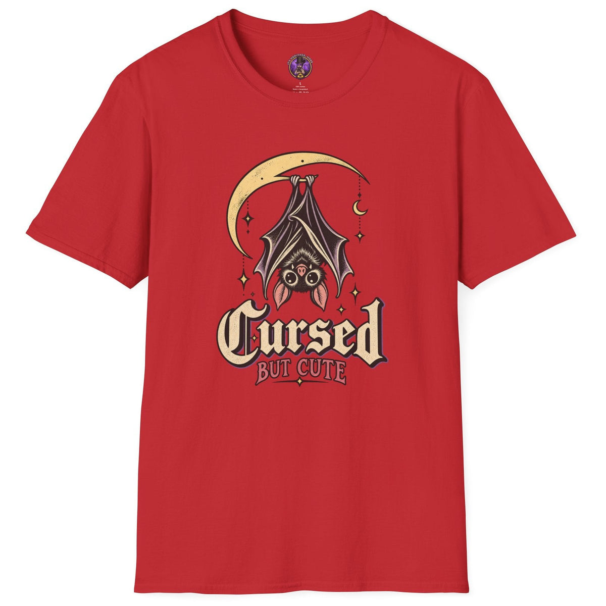 Cursed But Cute bat graphic t-shirt with upside-down bat hanging beneath crescent moon