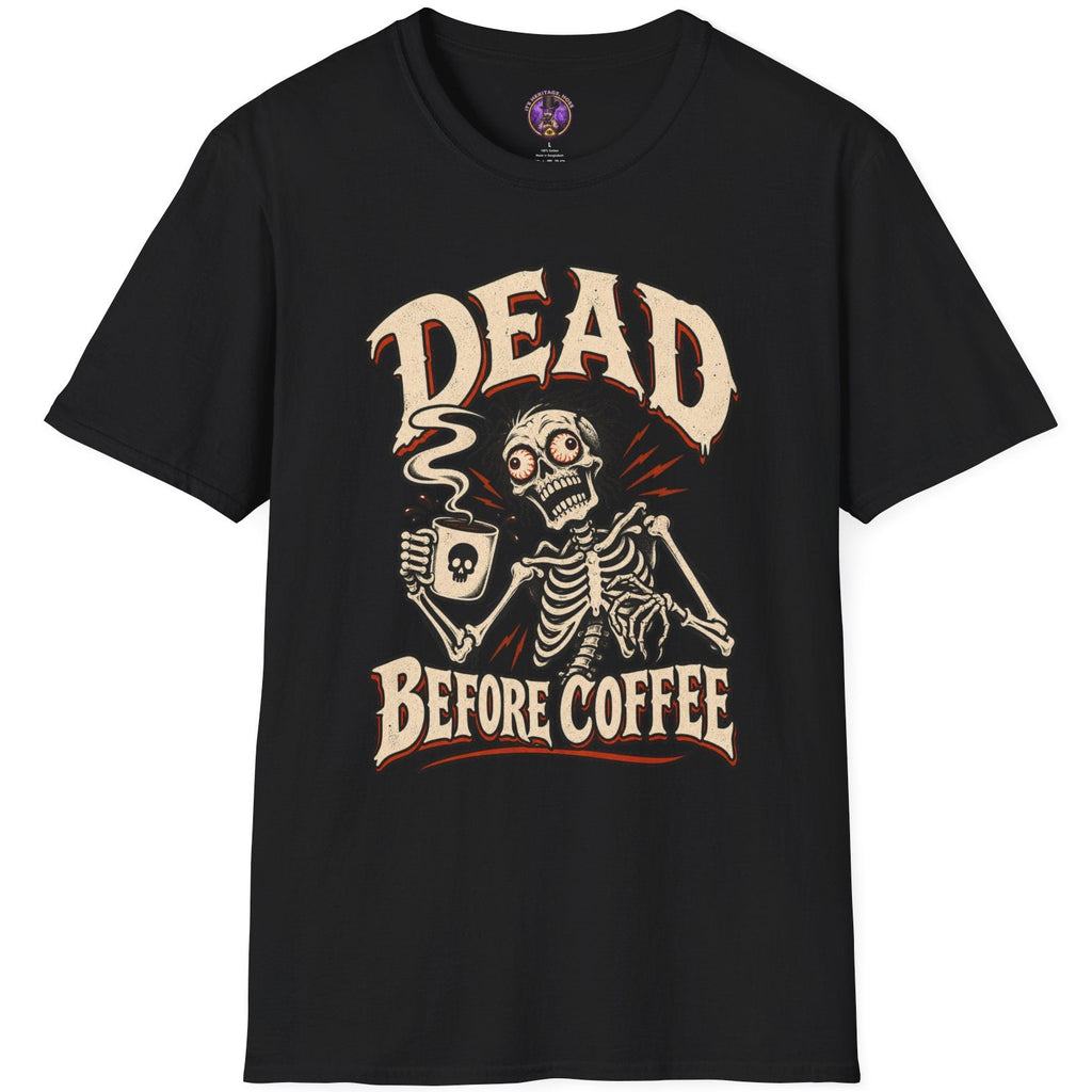 Dead Before Coffee skeleton graphic t-shirt holding steaming coffee mug in vintage horror style