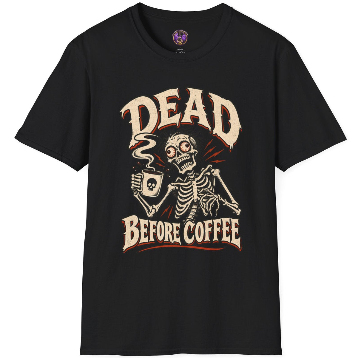 Dead Before Coffee skeleton graphic t-shirt holding steaming coffee mug in vintage horror style