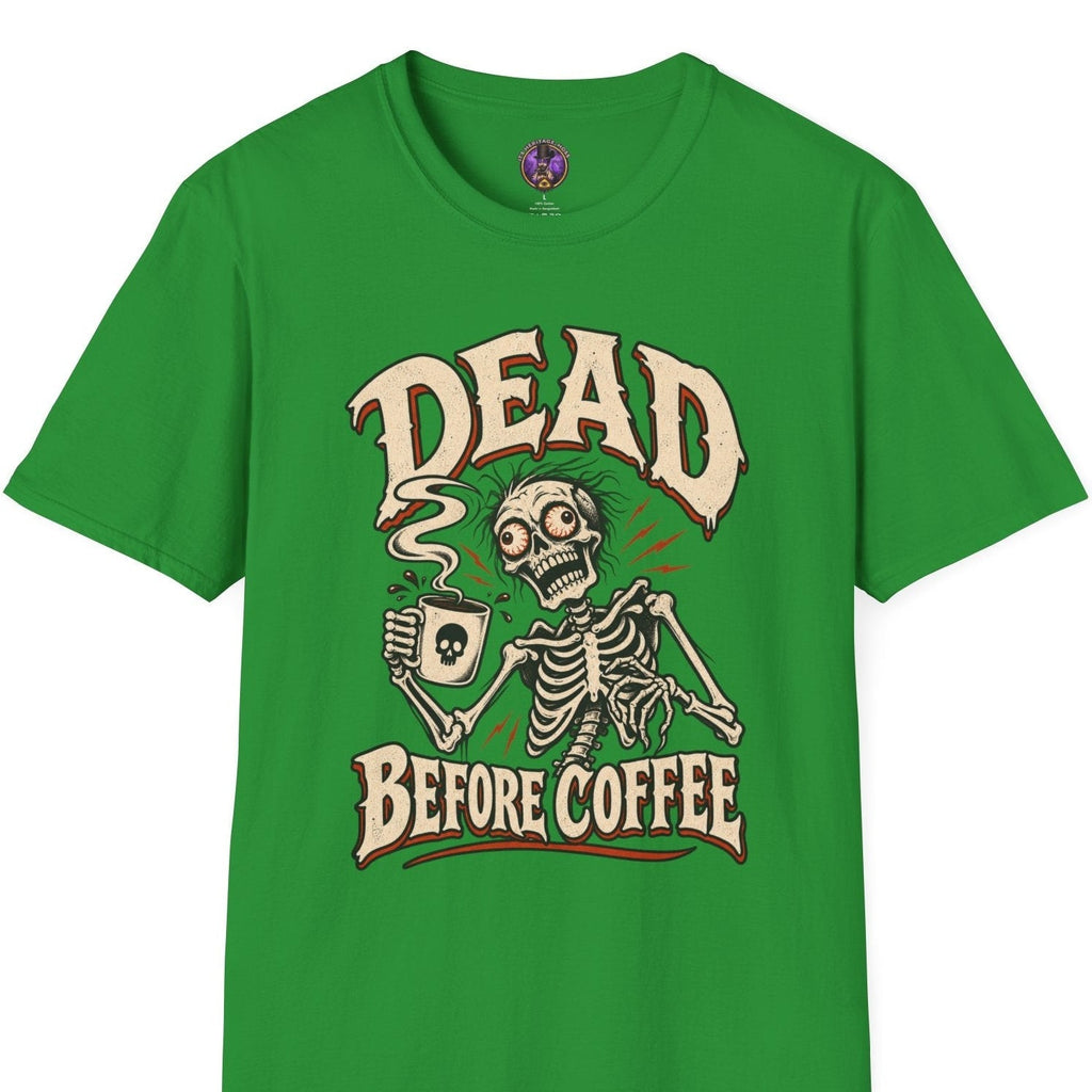 Dead Before Coffee skeleton graphic t-shirt holding steaming coffee mug in vintage horror style