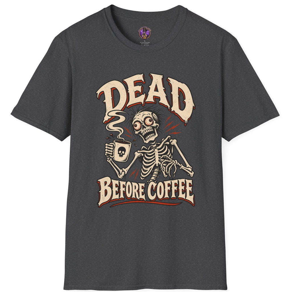 Dead Before Coffee skeleton graphic t-shirt holding steaming coffee mug in vintage horror style