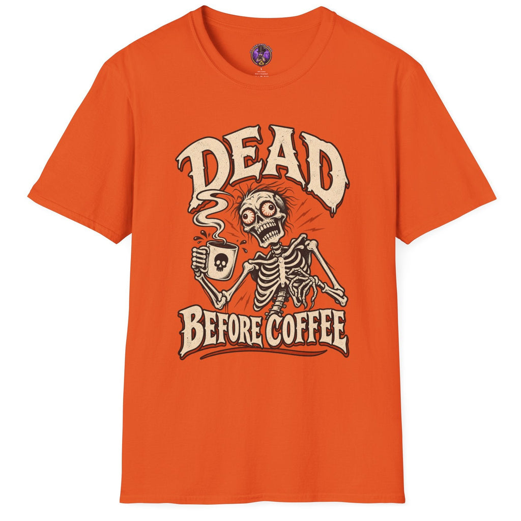 Dead Before Coffee skeleton graphic t-shirt holding steaming coffee mug in vintage horror style