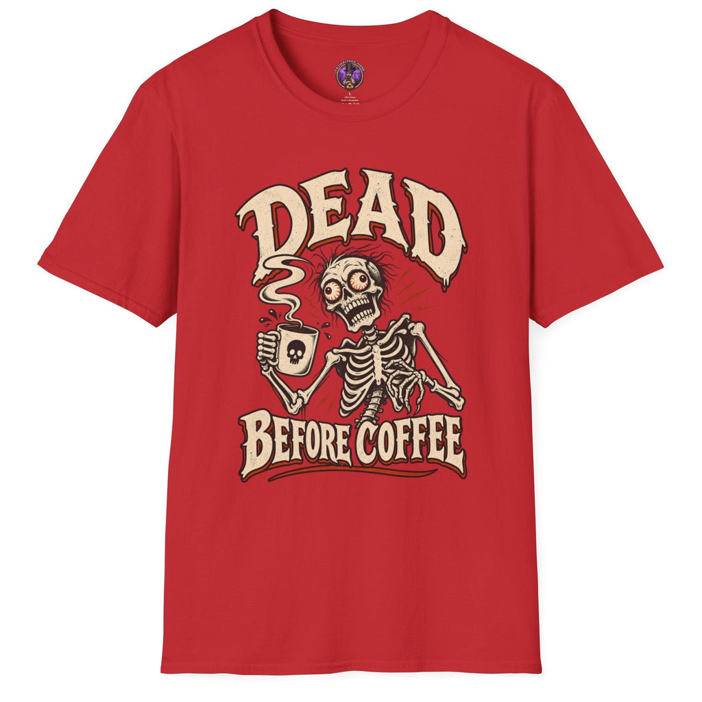Dead Before Coffee skeleton graphic t-shirt holding steaming coffee mug in vintage horror style